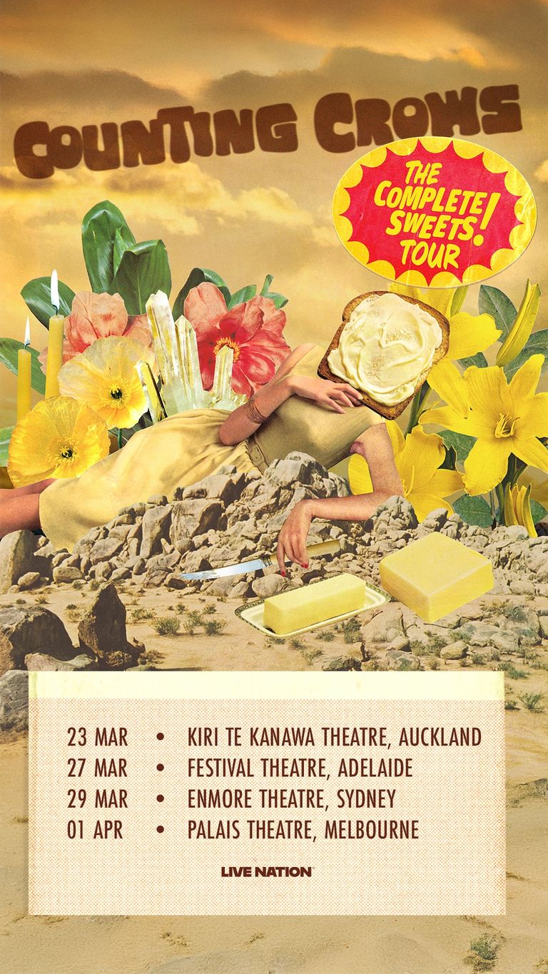 Counting Crows tour poster featuring a figure surrounded by flowers and yellow fruit against a desert landscape with golden sky.
