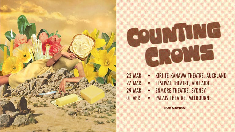 Retro collage poster for Counting Crows tour featuring vibrant flowers, a crow, and Australian venue dates.