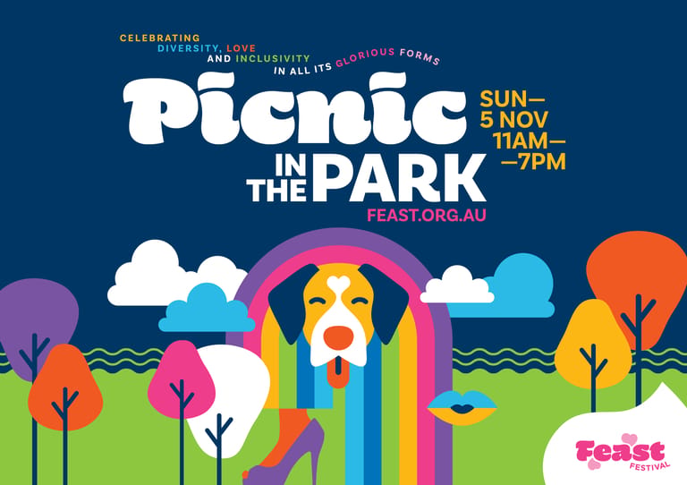Colourful promotional poster for Picnic in the Park event featuring a rainbow-faced dog illustration in a vibrant park landscape.
