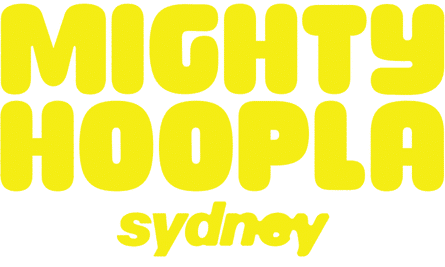 Bright yellow logo for Mighty Hoopla Sydney music festival on white background.