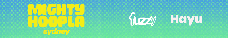 Mighty Hoopla Sydney festival logo with Fuzzy and Hayu branding on a blue-to-green gradient background.