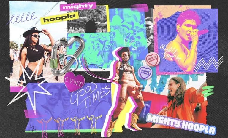 Colourful collage of Mighty Hoopla festival imagery featuring performers, neon graphics, and vibrant purple and green tones.
