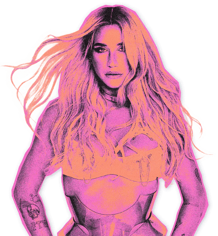 Woman with long blonde hair wearing a pink and orange neon-lit outfit against a white background.
