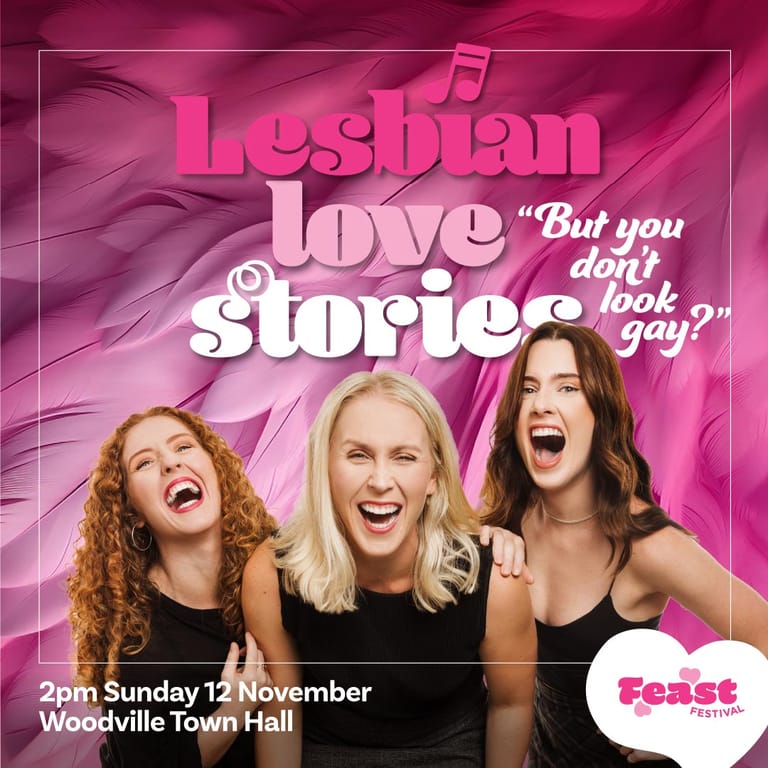 Three women laugh against a vibrant pink background with text reading "Lesbian love stories – But you don't look gay.