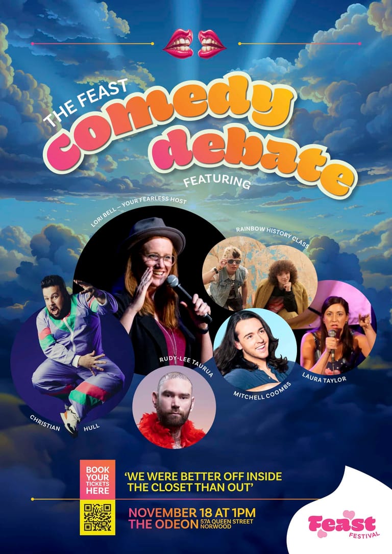 Colourful promotional poster for The Feast Comedy Debate featuring six performers' headshots arranged in circles against a cloudy sky backdrop.