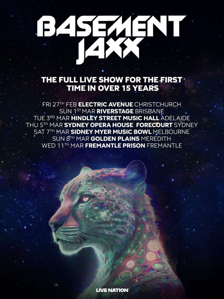 Basement Jaxx tour poster featuring a neon-lit panther head profile against a starry dark background with Australian venue dates listed.