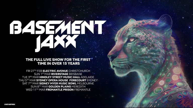 Basement Jaxx tour poster featuring neon holographic head profile against dark starry background with tour dates listed below.
