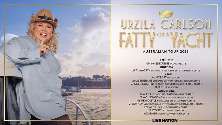 Woman in cowboy hat and denim shirt smiles at camera beside tour poster listing Australian dates.