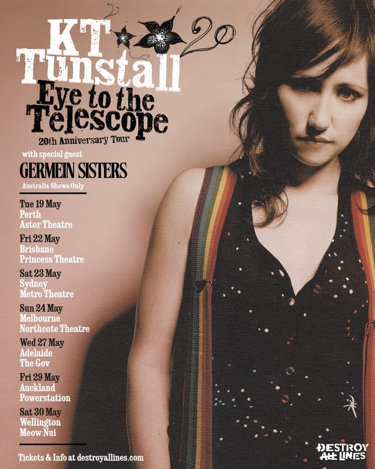 KT Tunstall portrait wearing a black sequinned shirt with a rainbow strap, promoting her Eye to the Telescope 20th Anniversary Tour.