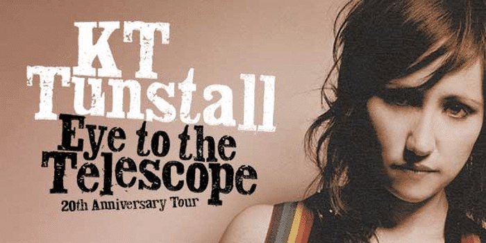 Woman's face in profile against beige background with "Eye to the Telescope 20th Anniversary Tour" text overlay.