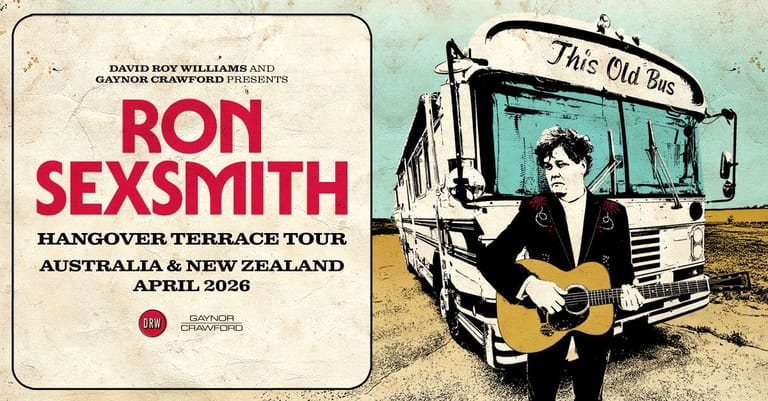 Musician with acoustic guitar standing in front of a vintage tour bus for Ron Sexsmith's Hangover Terrace Tour.