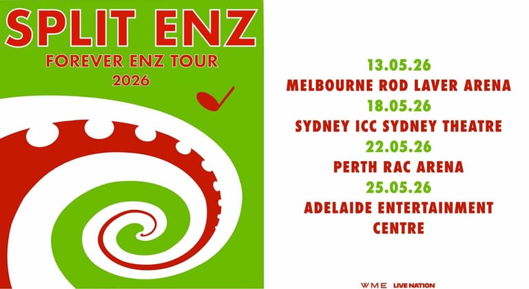 Split Enz Forever Tour 2026 poster displaying tour dates across Australian venues in green and red typography.