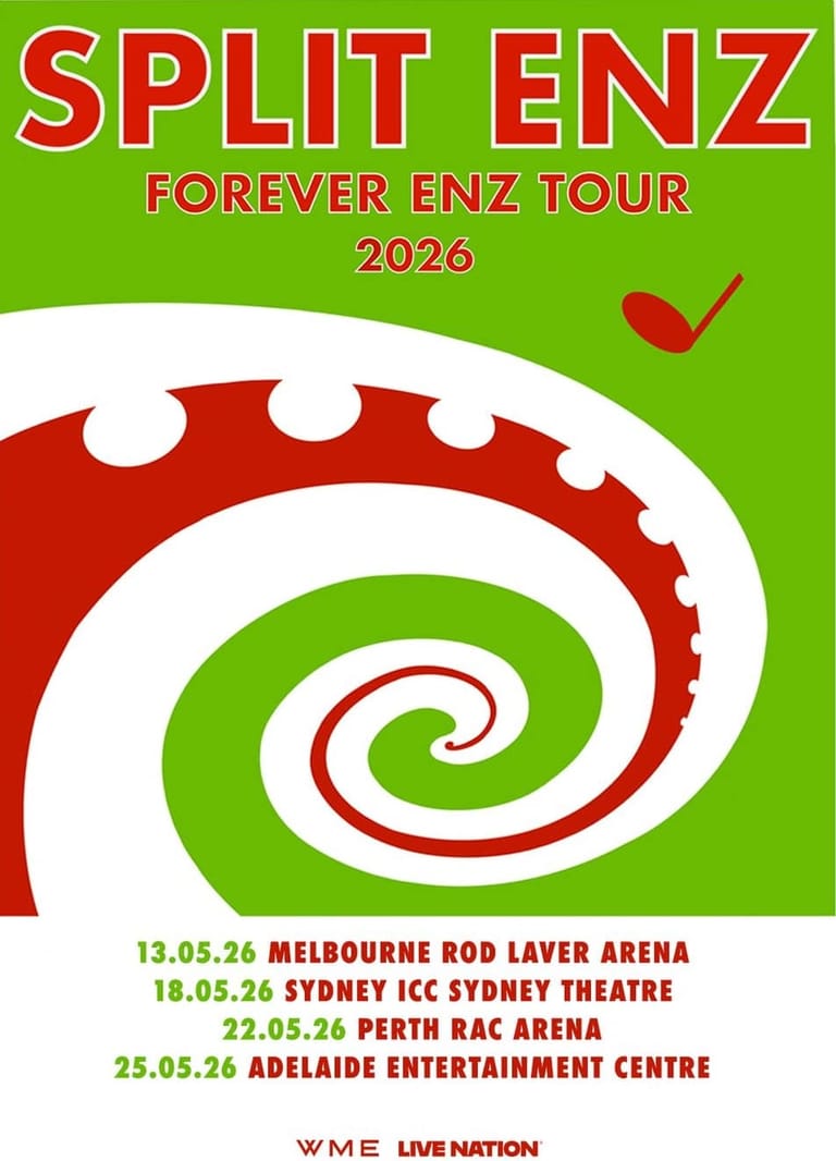 Split Enz Forever Enz Tour 2026 promotional poster featuring bold red and green spiral design with tour dates.