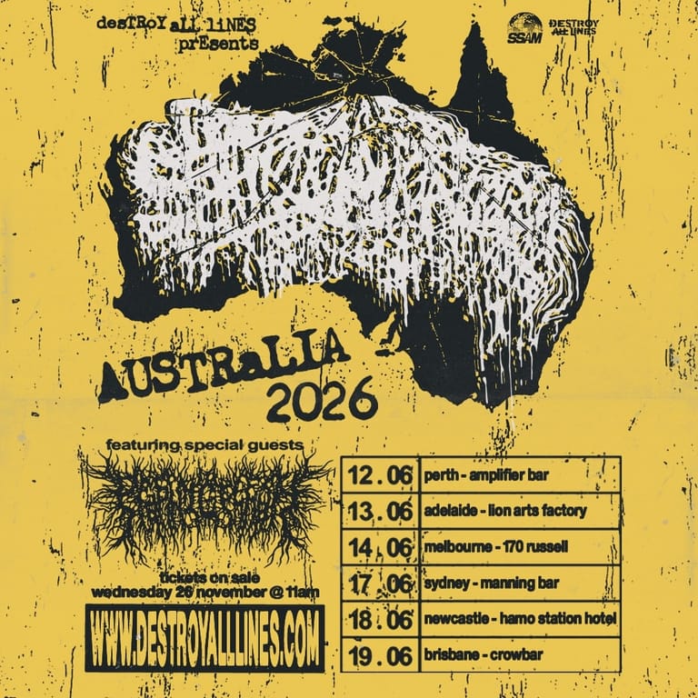 Black and white map of Australia with tour dates listed on yellow background, promoting a 2026 Australian tour.