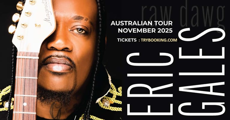 Blues guitarist Eric Gales holds a Fender Stratocaster against his shoulder for an Australian tour promotional poster.