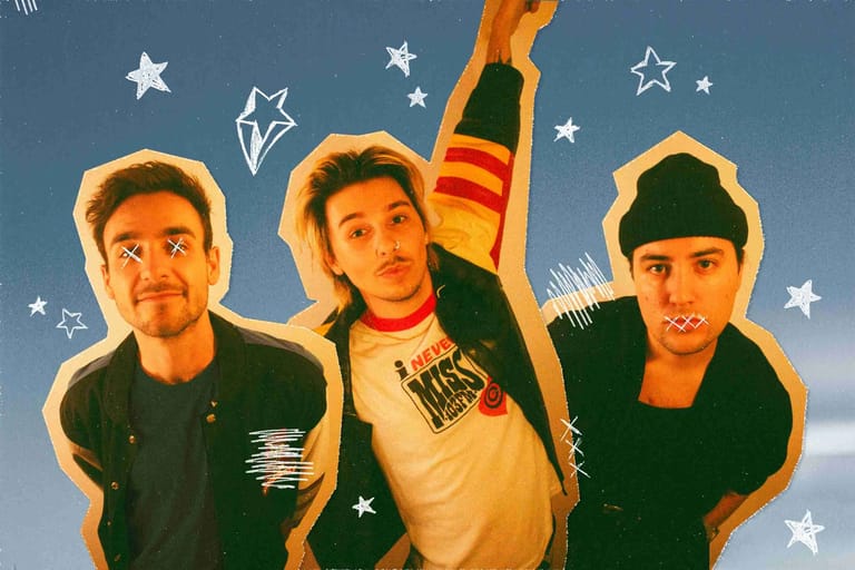 Three band members posed against a blue sky background with illustrated stars and rocket graphics.