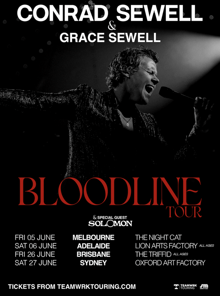 Black and white image of Conrad Sewell performing at a microphone, wearing a sparkly jacket, promoting the Bloodline Tour with Grace Sewell across Australian cities.