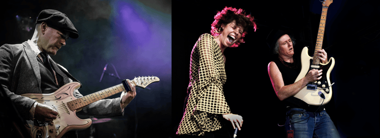 Three musicians performing on stage: guitarist in dark jacket on left, vocalist in yellow shirt centre, and guitarist in black on right under purple and stage lighting.