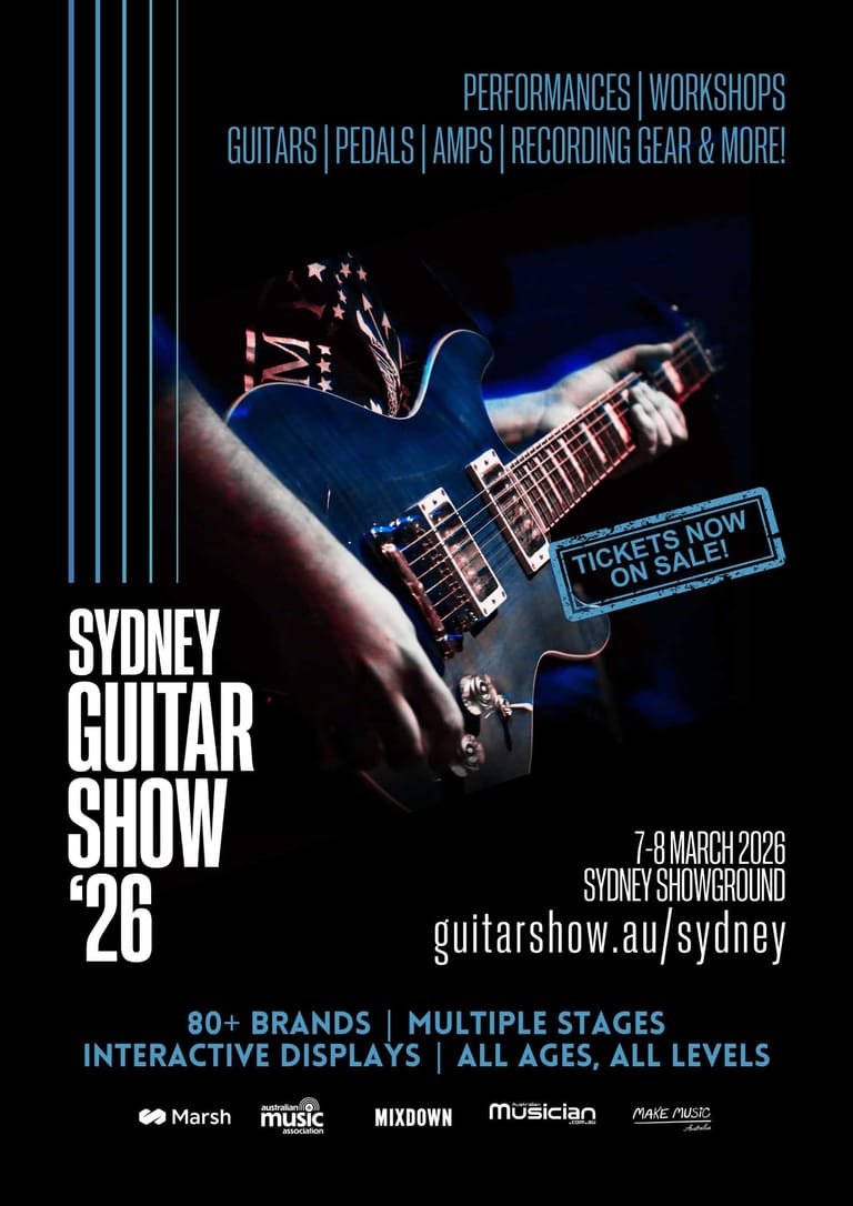 Guitarist's hands playing an electric guitar against a dark blue background, promoting Sydney Guitar Show '26.
