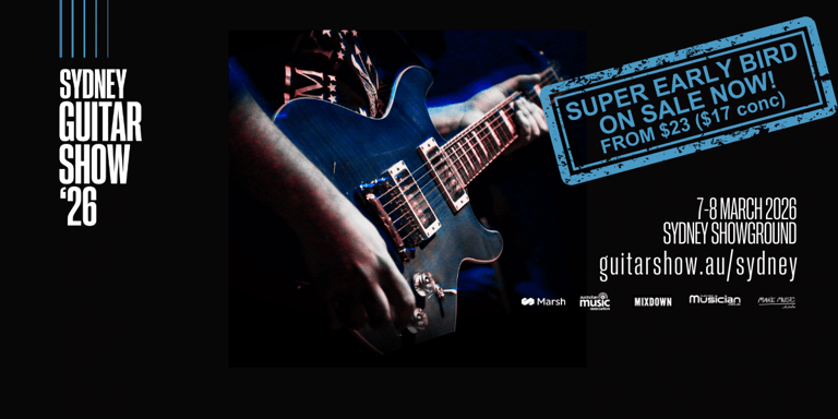 Guitarist's hands playing electric guitar against dark blue background with Sydney Guitar Show 2026 branding and early bird ticket promotion.