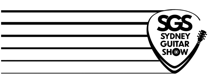 Sydney Guitar Show logo with guitar pick shape and horizontal lines.