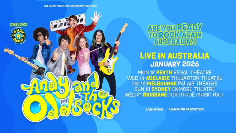 Band members in colourful casual outfits pose with guitars against a bright blue background promoting Australian tour dates.