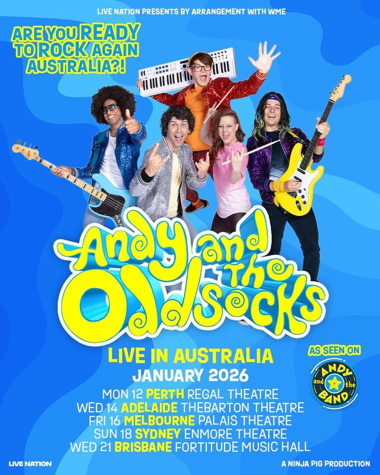 Five musicians in colourful outfits holding instruments pose against a bright blue background promoting an Australian tour.