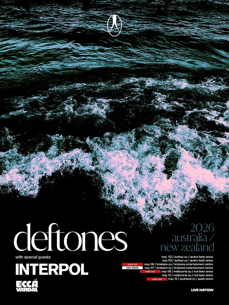 Deftones tour poster featuring turbulent ocean waves and a glowing white circle against dark water.