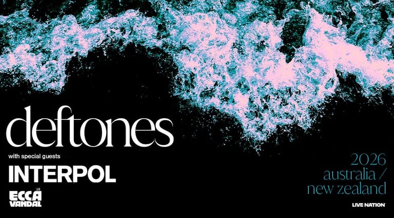 Deftones and Interpol tour poster featuring turquoise and pink textured artwork against black background.