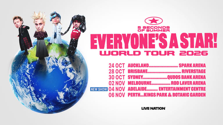 Four animated characters stand on a giant blue Earth globe with "Everyone's a Star! World Tour 2026" text and Australian venue dates displayed.