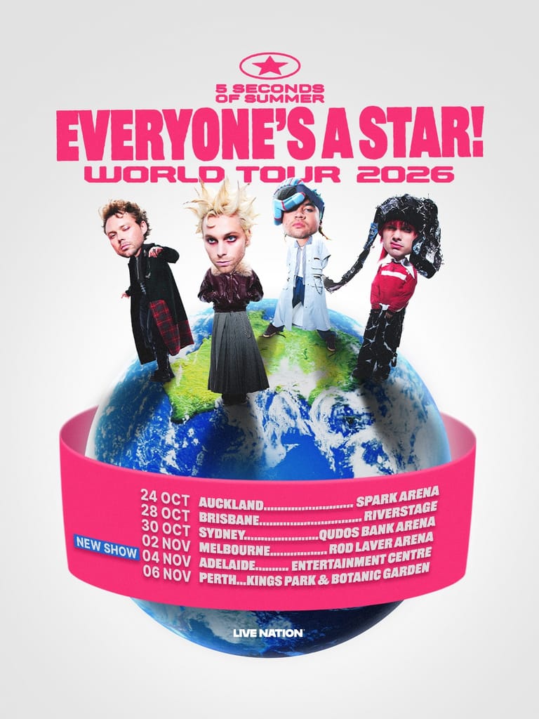 Five Seconds of Summer tour poster for "Everyone's a Star! World Tour 2025" featuring four band members standing on a globe.