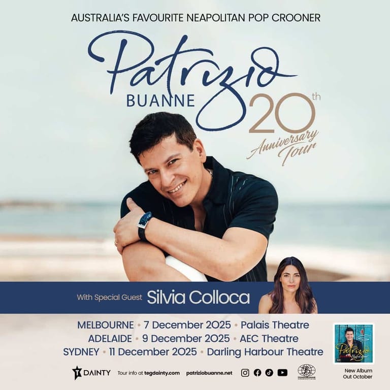 Man in dark shirt smiling at camera with beach backdrop, promotional poster for Patrizio Buanne's 20th anniversary tour.