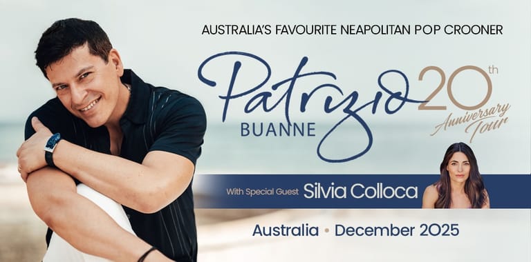 Man in dark shirt with crossed arms smiling at camera, promotional banner for Patrizio Buanne's 20th anniversary tour.