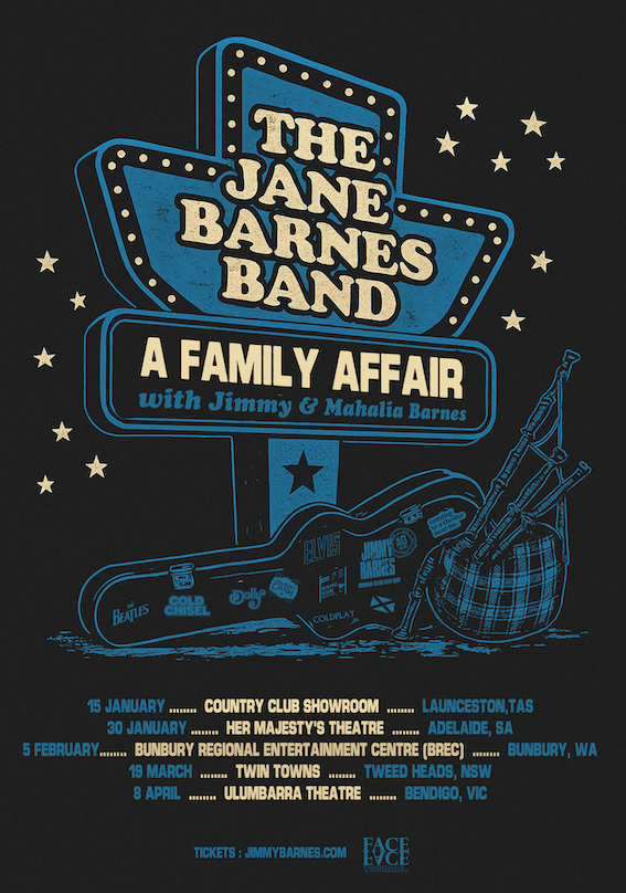 The Jane Barnes Band tour poster features a vintage neon sign design with guitars and stars against a dark background.