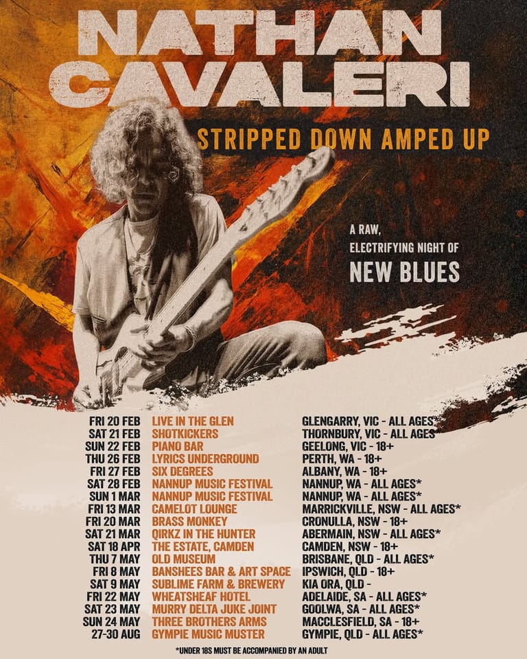 Nathan Cavaleri playing electric guitar against an orange and yellow stage backdrop, promoting his "Stripped Down Amped Up" blues tour.