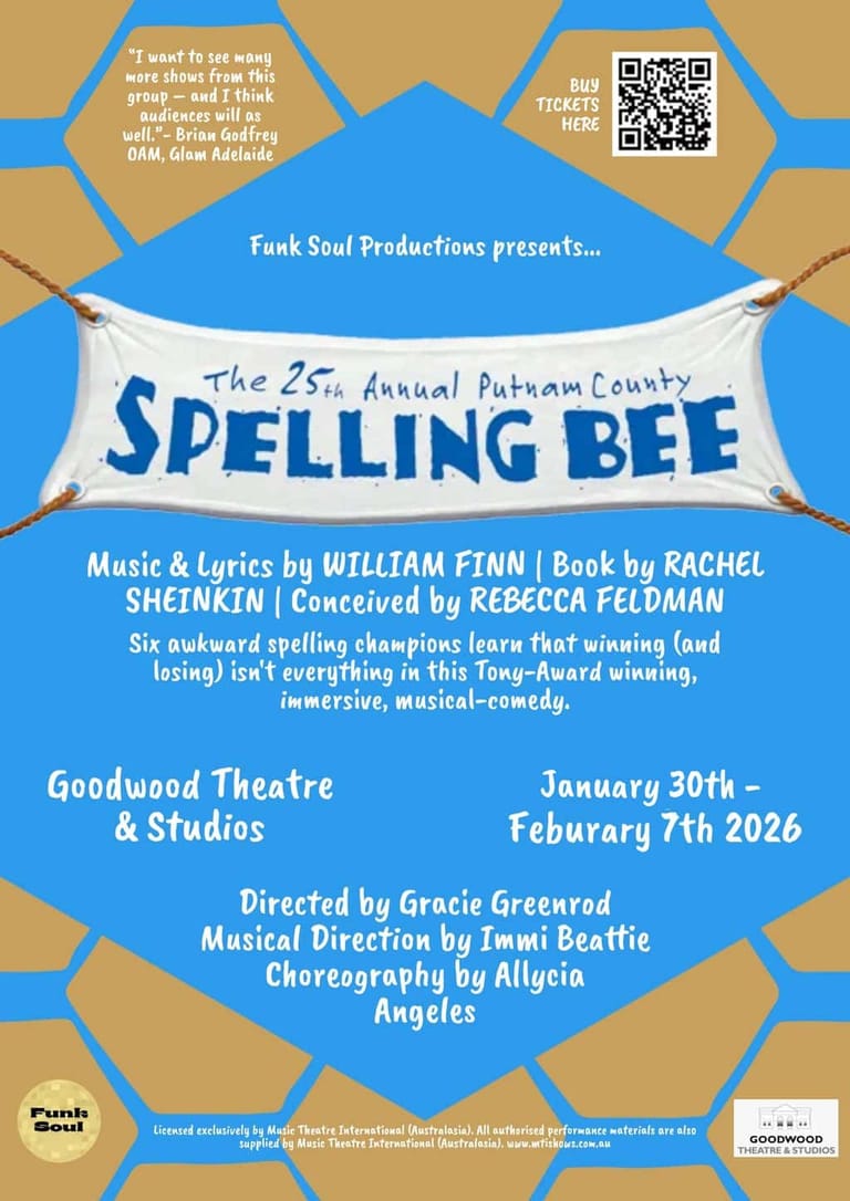 Poster for The 25th Annual Putnam County Spelling Bee theatre production at Goodwood Theatre & Studios, January 30–February 7, 2026.