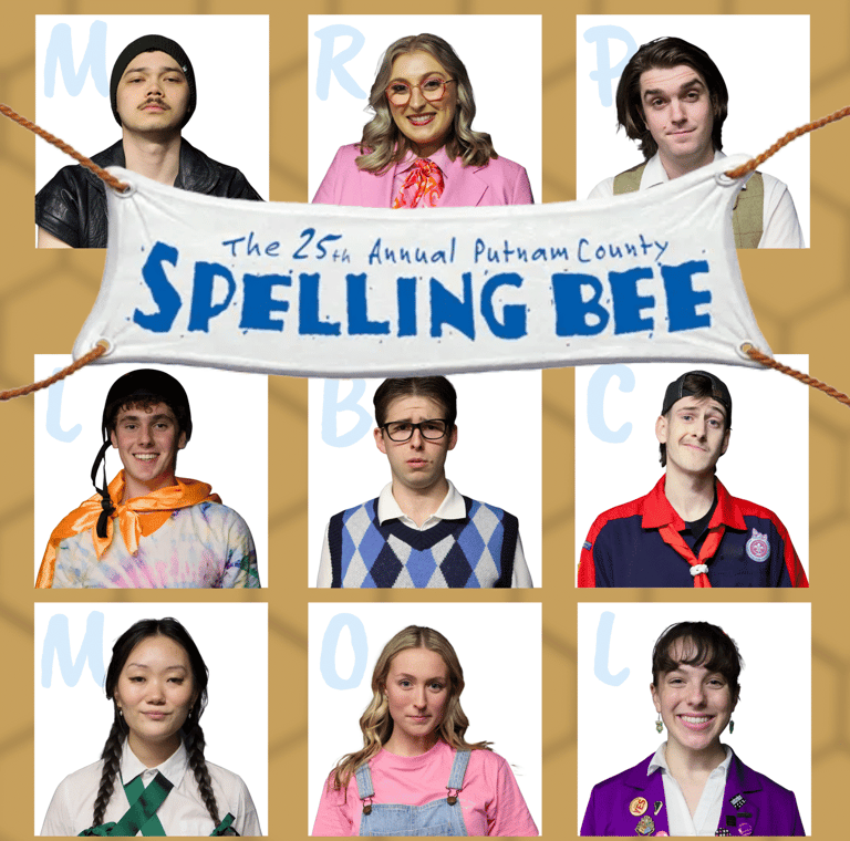 Nine contestants in colourful outfits arranged in a grid around a banner for the 25th Annual Putnam County Spelling Bee.