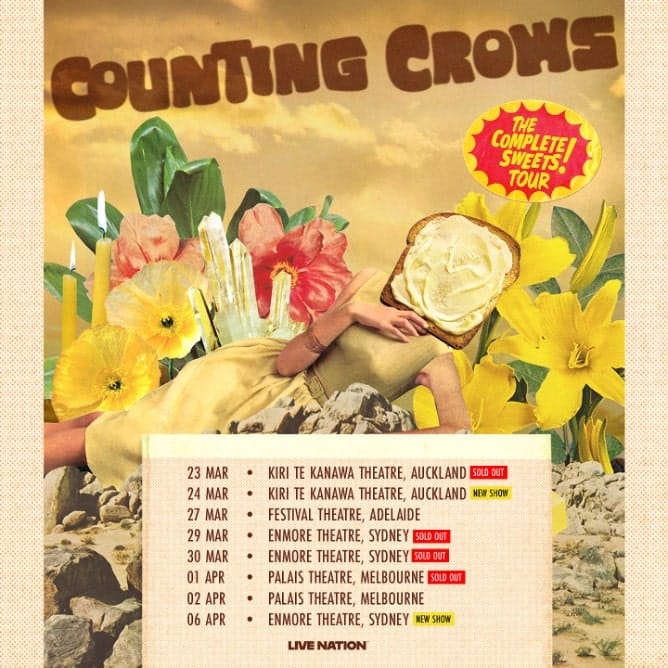 Counting Crows tour poster with colourful flowers and tour dates across Australian venues in March and April.