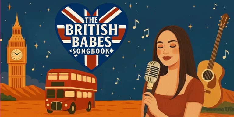 Woman in rust-coloured dress holding microphone, with Big Ben, double-decker bus and guitar illustrated behind her on starry backdrop.