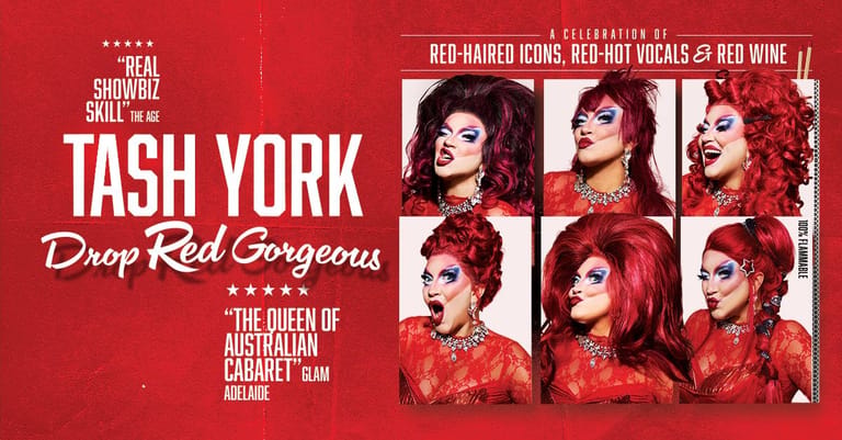 Red-haired drag performer Tash York in six glamorous poses wearing red sequinned outfits against a red backdrop.