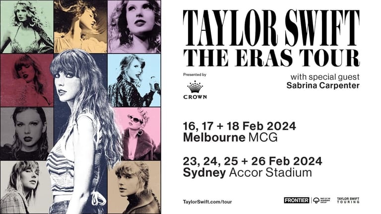 Promotional poster for Taylor Swift's The Eras Tour featuring colourful portrait grid and tour dates for Melbourne and Sydney.
