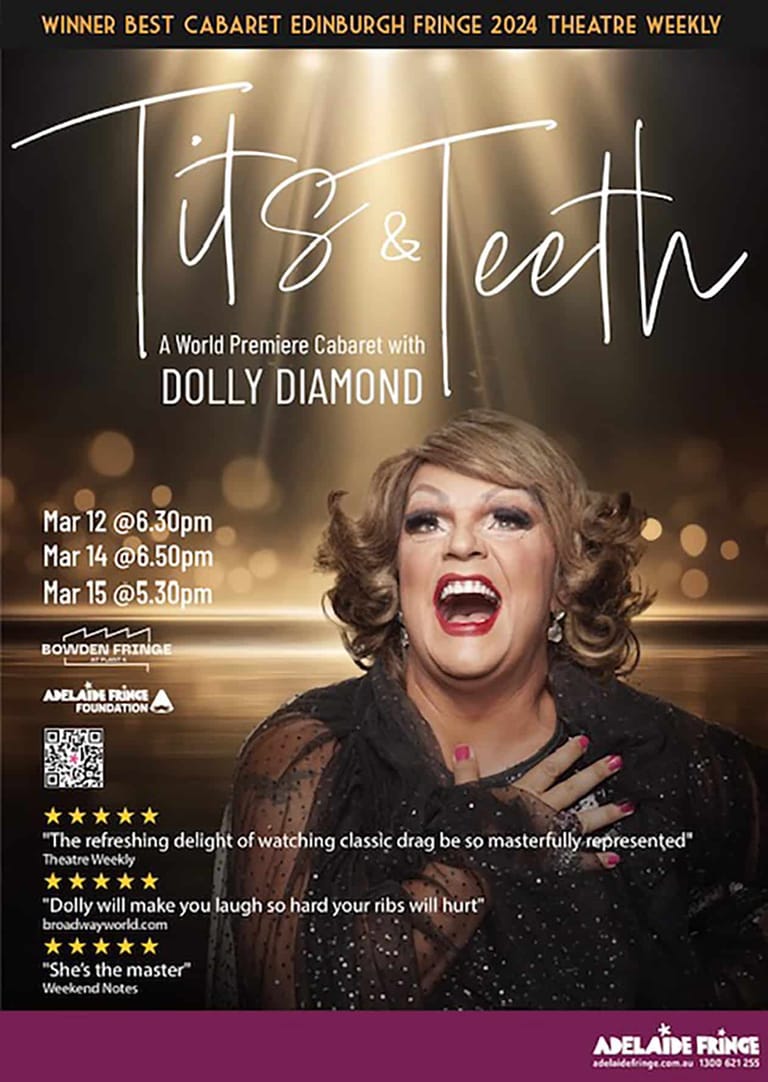 Performer in blonde curled hair and black sequined outfit smiles against warm stage lighting for Tits & Teeth cabaret theatre production poster.