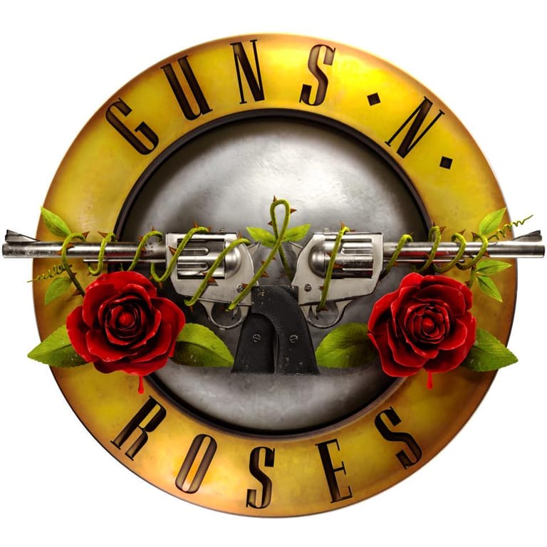Guns N' Roses logo featuring two revolvers crossed through a gold circular clock face with red roses.