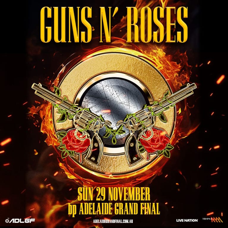 Guns N' Roses logo with crossed revolvers and roses surrounded by flames on promotional poster for Adelaide Grand Final concert.