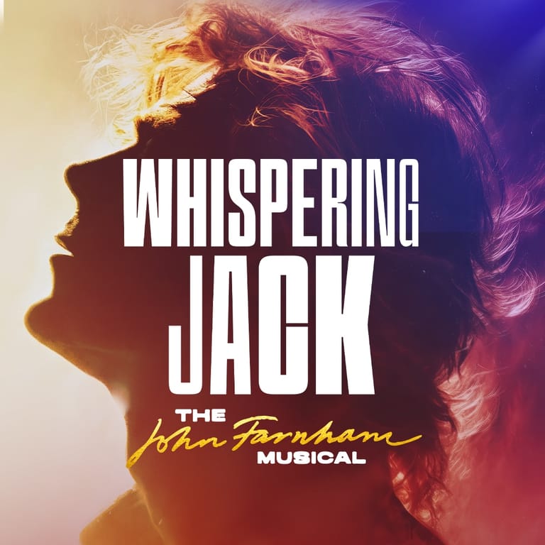 Profile silhouette with warm golden and purple lighting, overlaid with "Whispering Jack" and "The John Farnham Musical" text.