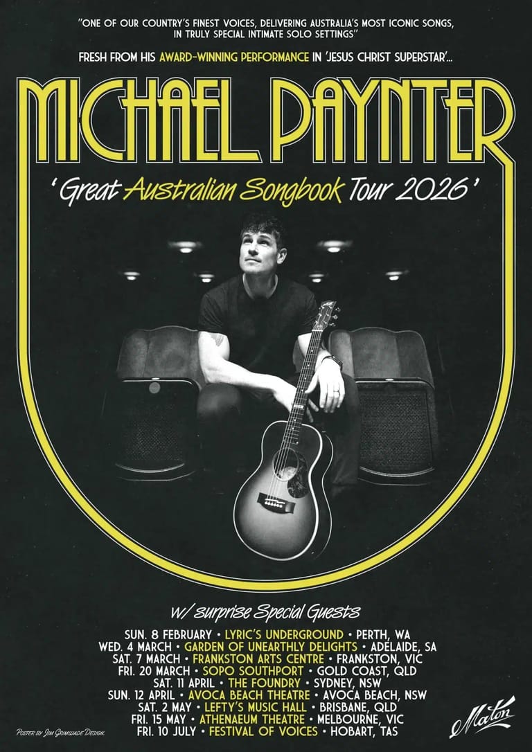 Male performer seated with acoustic guitar, promotional poster for Great Australian Songbook Tour 2026.