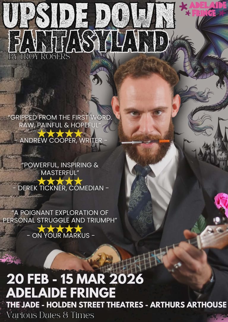 Bearded performer in formal attire playing guitar against dark theatrical backdrop with stylised creature illustrations.