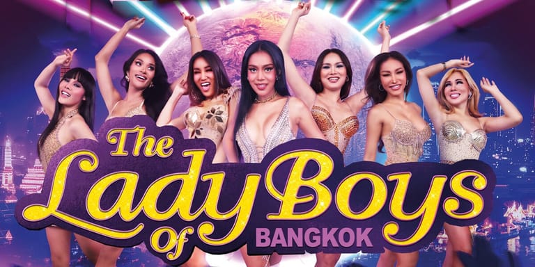 Eight performers in glamorous stage costumes pose under neon pink and blue lighting with the show title displayed in gold lettering.