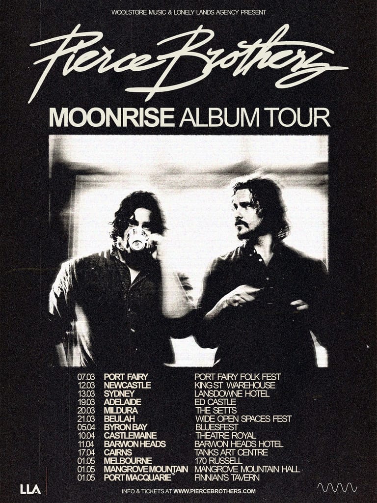 Pierce Brothers promotional poster for Moonrise Album Tour shows two men in black and white photograph against tour date listings.
