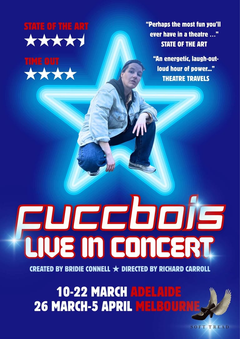 Performer crouched within neon blue star on promotional poster for Cuccubois Live in Concert theatre production.